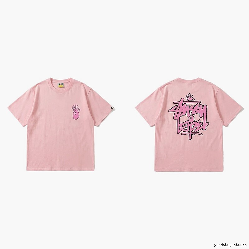 Bape Crown Print Trendy Cool Pink T-shirt