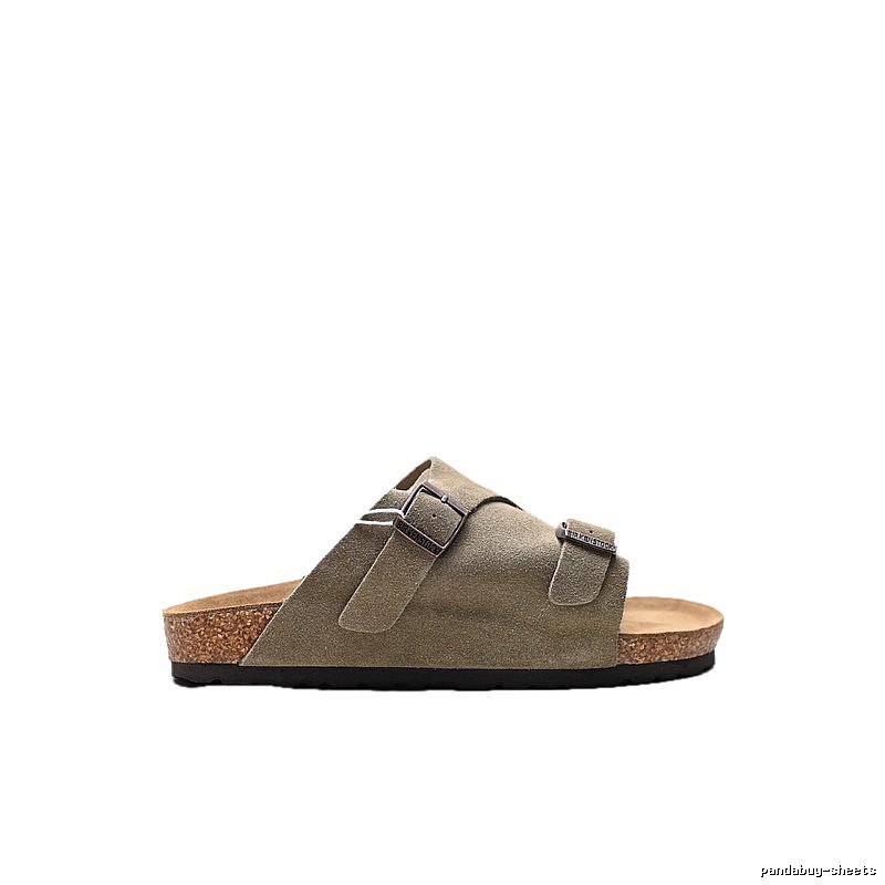 Birkenstock Vintage-Style Double-Buckle Khaki Cork Slide Sandals