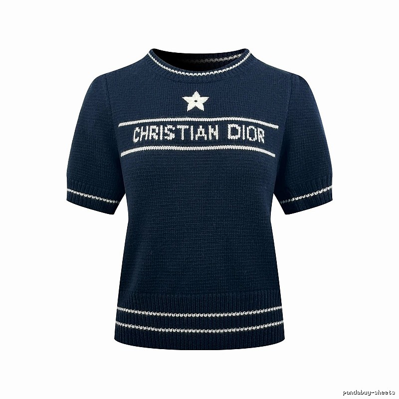 Dior Short Sleeve Knit Sweater with Cream Trim and Star Detail