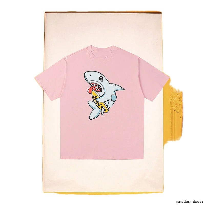 DREW Cartoon Shark Street Style Pink Short-sleeve T-shirt