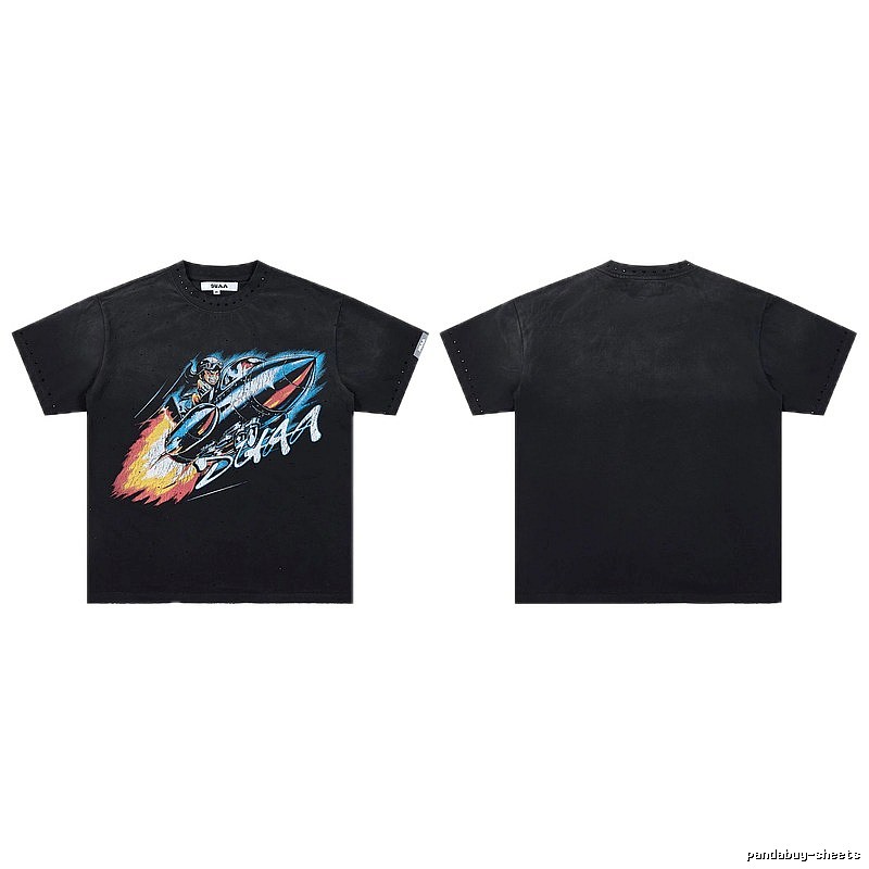DUAA Rocket Print Vintage Style Black Short-sleeve T-shirt
