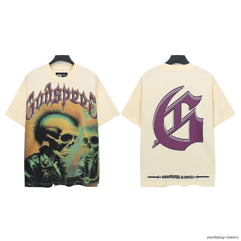Godspeed Skull Print Gothic Style Beige Short Sleeve T-Shirt
