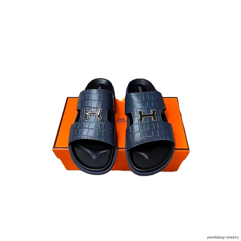 Hermès H-Buckle Collection Light Luxury Style Navy Blue Slides
