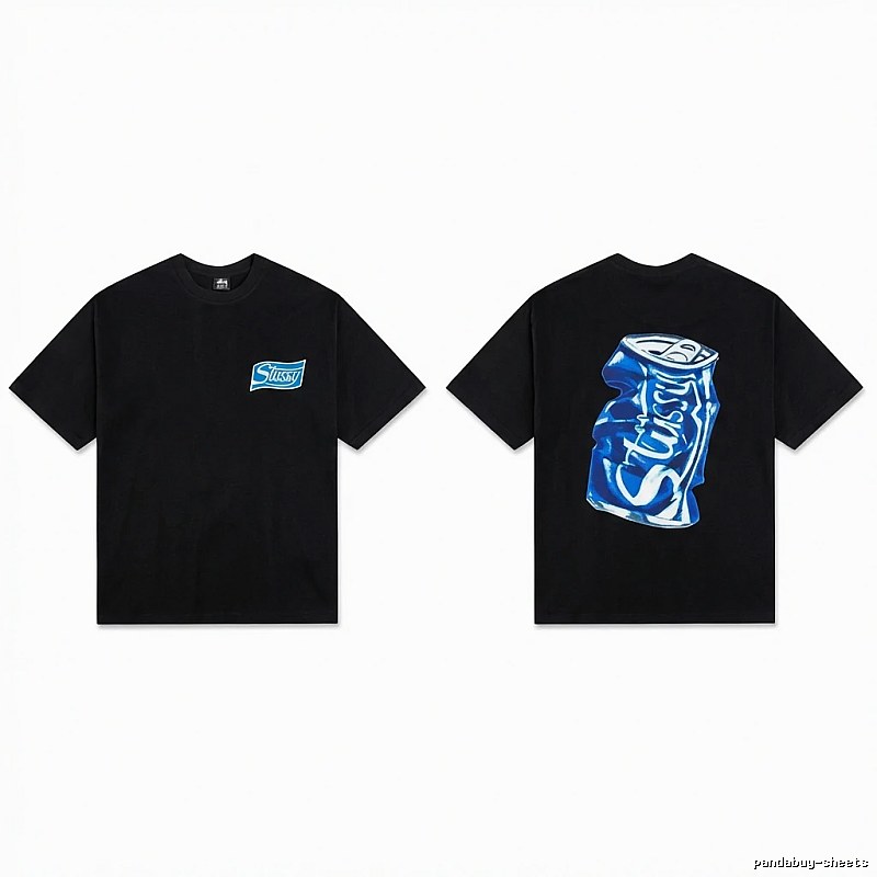 Stussy's black T-shirt with a can-style design