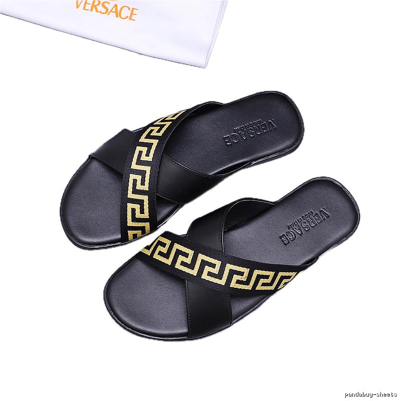 Versace Greek Key Luxury Style Black and Gold Slide Sandals