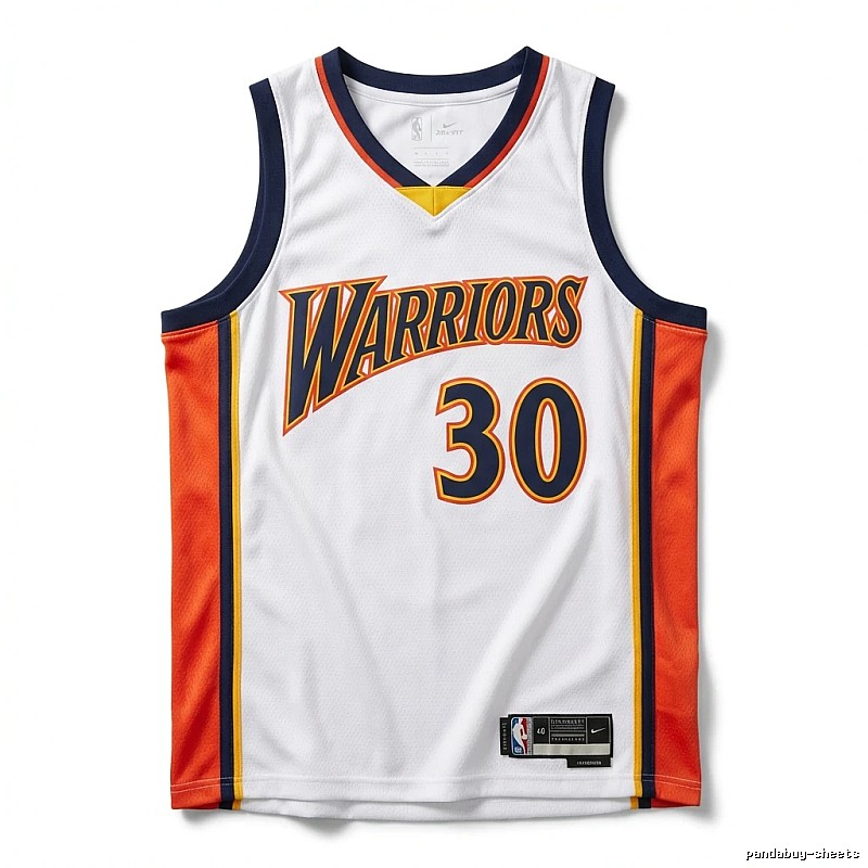 Warriors' Curry white and orange basketball jersey